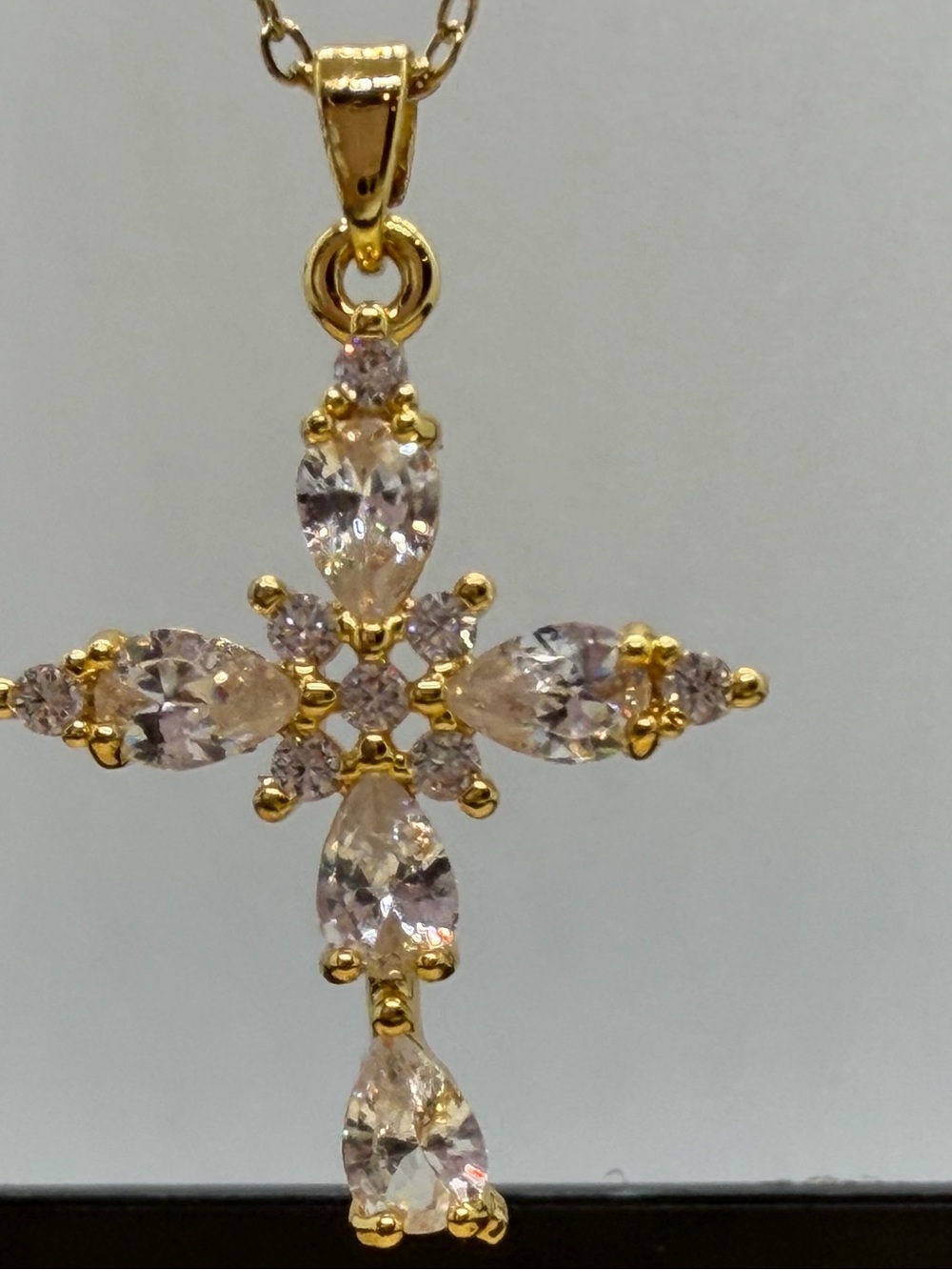 Gold Cross Pendant Necklace with CZ Stones